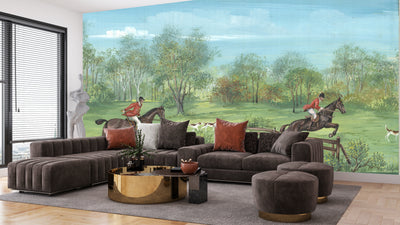 Men Ride Horses on the Field, Dogs Wallpaper, Composition Mural, Oversized Custom Size Wall Art, Non-Woven, Non-Adhesive, Modern Wall Paper, Removable