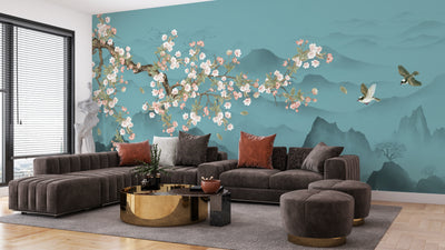 Blue Chinoiserie Wallpaper, Tree and Birds Mural, Oversized Custom Size Wall Art, Non-Woven, Non-Adhesive, Modern Wall Paper, Removable