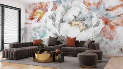 Watercolor Flowers Wallpaper, Hand-Painted Background Mural, Oversized Custom Size Wall Art, Non-Woven, Non-Adhesive, Modern Wall Paper, Removable
