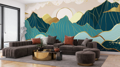 Gold Line Mountains Wallpaper, Landscape Mural, Oversized Custom Size Wall Art, Non-Woven, Non-Adhesive, Modern Wall Paper, Removable