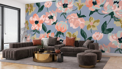 Abstract Floral, Blue Background Wallpaper, Seamless Pattern Mural, Oversized Custom Size Wall Art, Non-Woven, Non-Adhesive, Modern Wall Paper, Removable