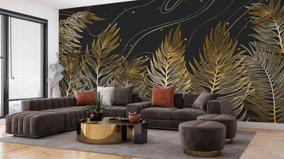 Golden Exotic Palm Leaves Wallpaper, Seamless Pattern Mural, Oversized Custom Size Wall Art, Non-Woven, Non-Adhesive, Modern Wall Paper, Removable