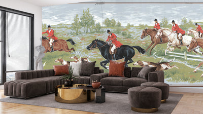 Men Ride Horses on the Field Wallpaper, Composition Mural, Oversized Custom Size Wall Art, Non-Woven, Non-Adhesive, Modern Wall Paper, Removable