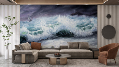 Mighty Storm and Sea Wallpaper, Oil Painting Mural, Oversized Custom Size Wall Art, Non-Woven, Non-Adhesive, Modern Wall Paper, Removable