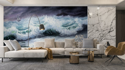 Mighty Storm and Sea Wallpaper, Oil Painting Mural, Oversized Custom Size Wall Art, Non-Woven, Non-Adhesive, Modern Wall Paper, Removable