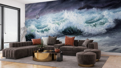 Mighty Storm and Sea Wallpaper, Oil Painting Mural, Oversized Custom Size Wall Art, Non-Woven, Non-Adhesive, Modern Wall Paper, Removable