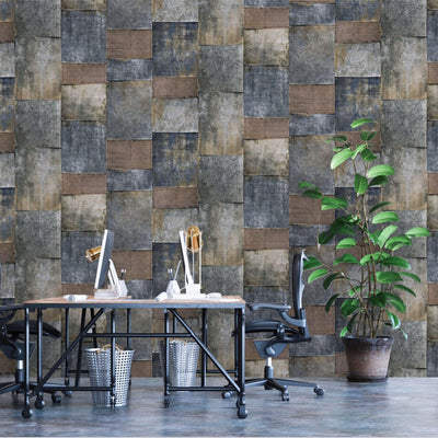 Metallic Industrial Textured Wallpaper, Dark Blue, Brown Rustic Aged Weathered Pattern Wallcovering, Large 114 sq ft Roll - Walloro High End Wallcoverings & More