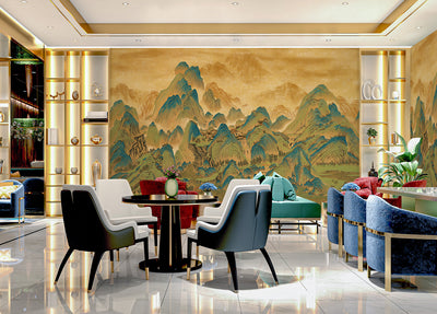 Mountains Scenic Wall Mural, Yellow Landscape Wallpaper, Modern Custom Size Wall Covering, Non-Woven, Non-Pasted, Washable, Removable, Extra Large Wall Covering - Walloro High End Wallcoverings & More