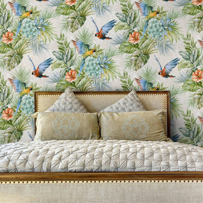 Multi-Color Birds Deep Embossed Wallpaper, White, Red, Blue Stylish 3D Textured Tropical Plants Wallcovering - Walloro High End Wallcoverings & More