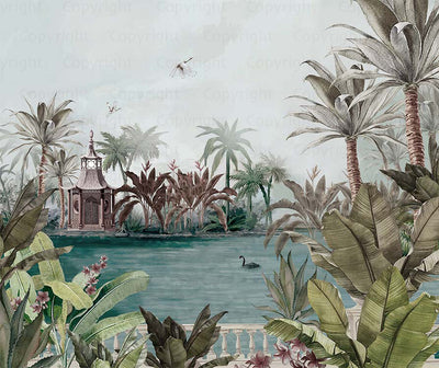 Nature Theme Wall Mural, Palm Trees Lake Scenic Wall Mural, Light Green Jungle Scene Large Wall Art, Non-Woven, Non-Adhesive, Removable, Exotic Wall Paper, Washable - Walloro High End Wallcoverings & More