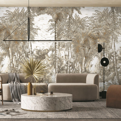 Palm Trees Drawing Wallpaper, Yellow White Large Hand Drawn Wall Mural, Custom Size Wall Covering, Non-Woven, Non-Pasted, Washable, Removable - Walloro High End Wallcoverings & More