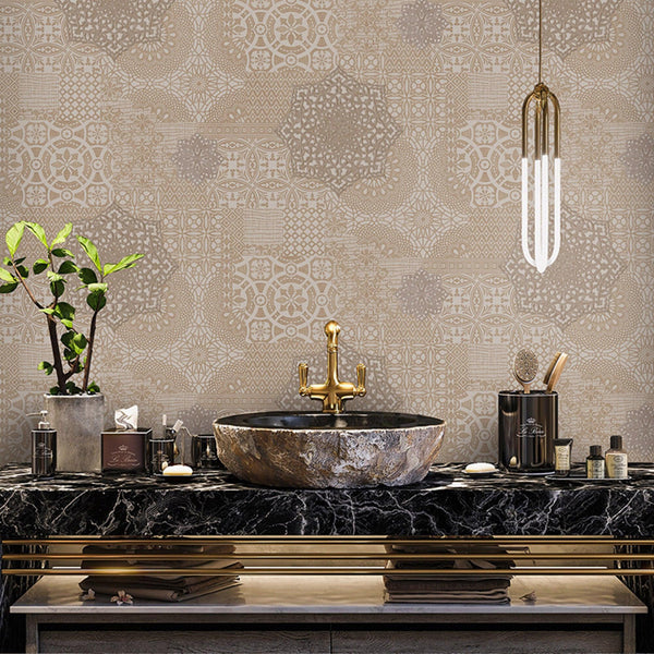 Quilted 3D Embossed Wallpaper, Beige, Flocked Rich Textured Velvet Feel Luxury Wallcovering, Vintage Washed Patchwork Style, Non-Woven - Walloro High End Wallcoverings & More