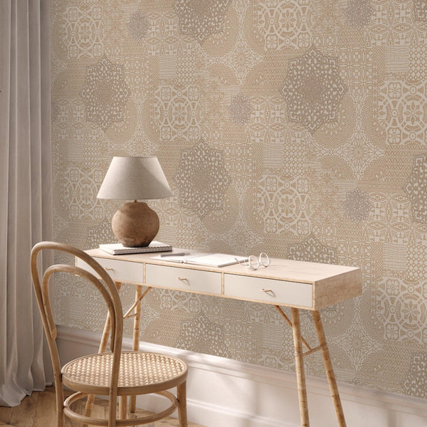 Quilted 3D Embossed Wallpaper, Beige, Flocked Rich Textured Velvet Feel Luxury Wallcovering, Vintage Washed Patchwork Style, Non-Woven - Walloro High End Wallcoverings & More
