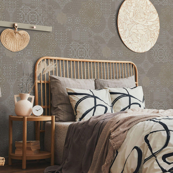 Quilted 3D Embossed Wallpaper, Tan, Flocked Rich Textured Velvet Feel Luxury Wallcovering, Vintage Washed Patchwork Style, Non-Woven - Walloro High End Wallcoverings & More