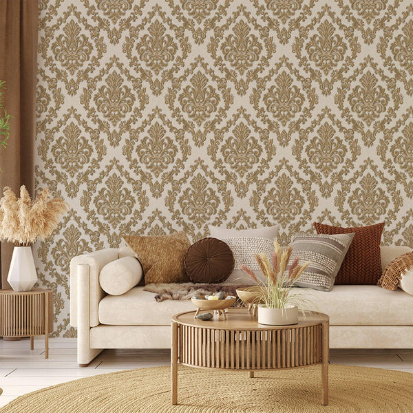Stylish Baroque Deep Embossed Wallpaper, White, Gold, Timeless Damask Ornate Patterns Sparkling Wallcovering, Elegant Washed Colors Design - Walloro High End Wallcoverings & More