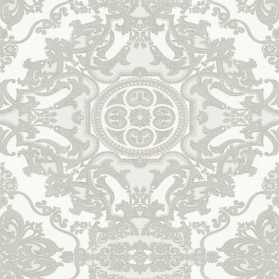 Timeless Design 3D Embossed Damask Wallpaper, White, Silver Luxury Velvet Feeling Wallcovering, Large 114 sq ft Roll - Walloro High End Wallcoverings & More