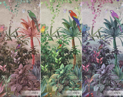 Tropical Wall Mural, Nature Palm Tree Purple Parrot Wallpaper, Jungle Forest Theme, Non-Woven, Non-Adhesive, Removable, Exotic Wall Print Art, Interior Decor - Walloro High End Wallcoverings & More