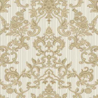 Victorian Damask Striped Wallpaper, Gold, White Rich Textured Embossed Wall Paper, Extra Wide 114 sq ft Roll, Wall Decor, Sturdy, Washable - Walloro High End Wallcoverings & More