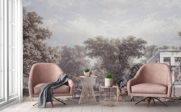 Vintage Scenic Victorian Wall Mural, Large Gray Nature Wallpaper, Non-Woven, Non-Adhesive, Modern, Washable, Removable - Walloro High End Wallcoverings & More