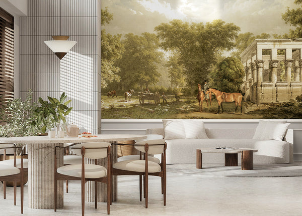 Vintage Scenic Victorian Wall Mural, Large Light Green Nature Wallpaper, Non-Woven, Non-Adhesive, Modern, Washable, Removable - Walloro High End Wallcoverings & More