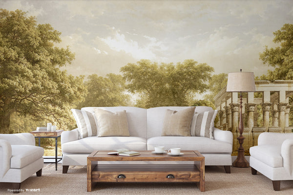 Vintage Scenic Victorian Wall Mural, Large Light Green Nature Wallpaper, Non-Woven, Non-Adhesive, Modern, Washable, Removable - Walloro High End Wallcoverings & More