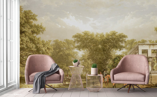 Vintage Scenic Victorian Wall Mural, Large Light Green Nature Wallpaper, Non-Woven, Non-Adhesive, Modern, Washable, Removable - Walloro High End Wallcoverings & More