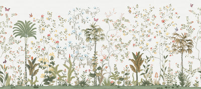 White Botanical Wall Mural, Butterfly Flowers Chinoiserie Wallpaper, Nature Theme Custom Size Wall Covering, Non-Woven, Non-Pasted, Removable, Washable - Walloro High End Wallcoverings & More