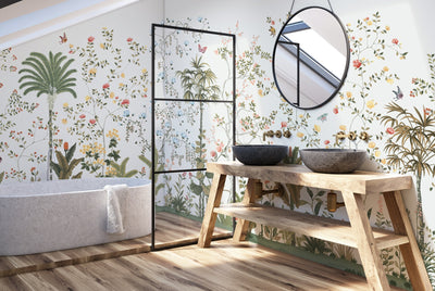 White Botanical Wall Mural, Butterfly Flowers Chinoiserie Wallpaper, Nature Theme Custom Size Wall Covering, Non-Woven, Non-Pasted, Removable, Washable - Walloro High End Wallcoverings & More