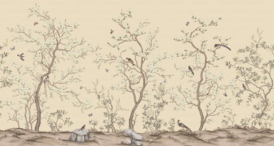 Yellow Chinoiserie Floral Wall Mural, Birds Tree Flowers Wallpaper, Custom Size Wall Covering, Non-Woven, Non-Adhesive, Removable, Washable - Walloro High End Wallcoverings & More