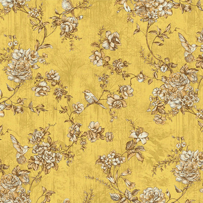 Yellow Elegant Chinoiserie Blossom Floral Wallpaper, Animal Print Birds Flowers Botanical Pattern - Walloro High End Wallcoverings & More